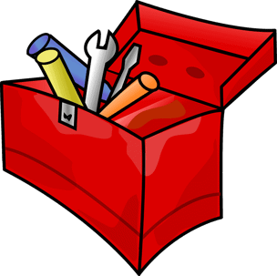 A drawing of a red toolbox with tools