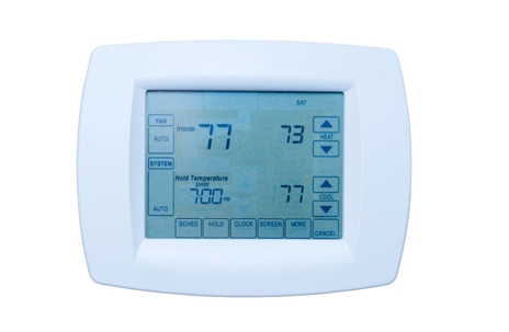 Programmable touch screen thermostat with optimal settings of 73 for Heat and 77 for Air Condition